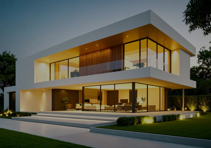 Casa moderna iluminada ao anoitecer