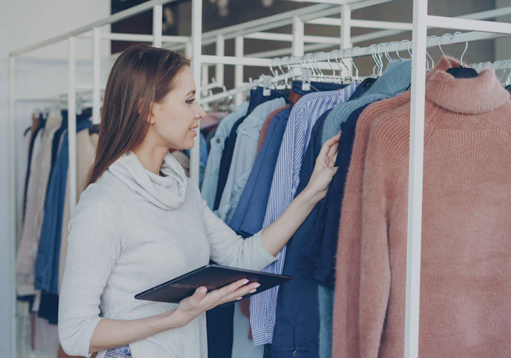 Lojista organizando a loja de roupas